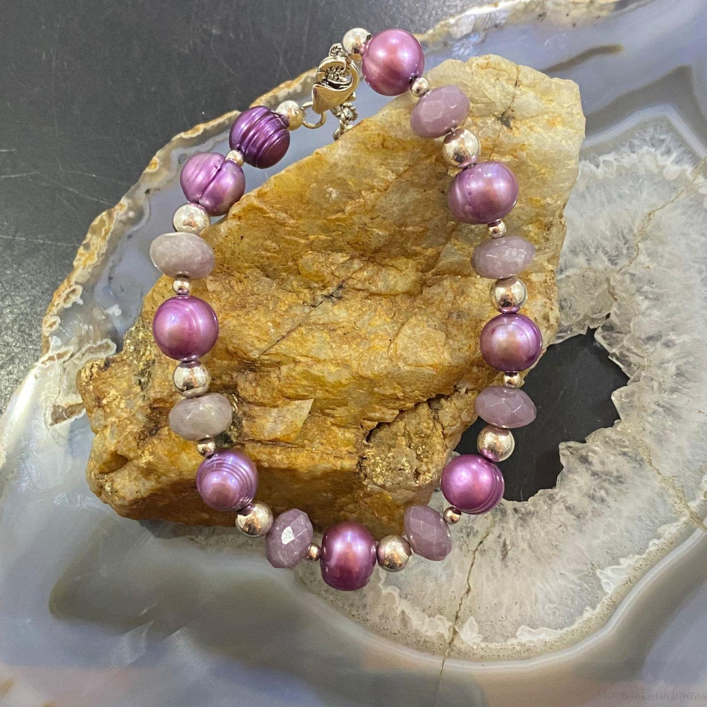 Carolyn Pollack Sterling Silver Freshwater Pearl & Lavender Jade Bead Link Bracelet For Women