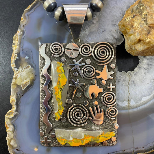 Alex Sanchez Native American Sterling Silver 2 Bumblebee Jasper Petroglyph Tablet Unisex Pendant