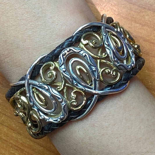 Carolyn Pollack Sterling Silver & Brass Decorated Braided Leather Bracelet For Women