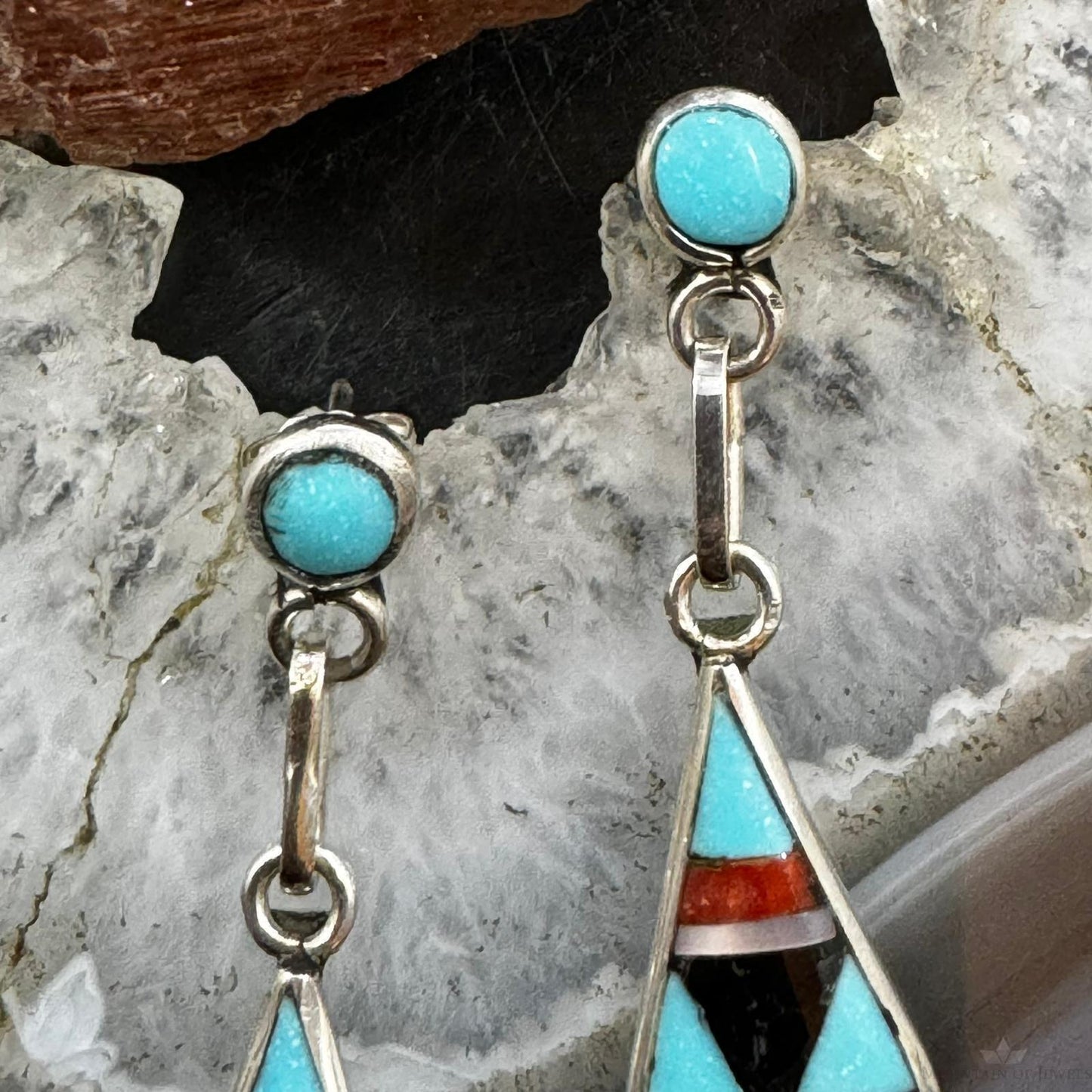 Delberta Boone Native American Sterling Silver Multi Gemstone Inlay Dangle Earrings For Women