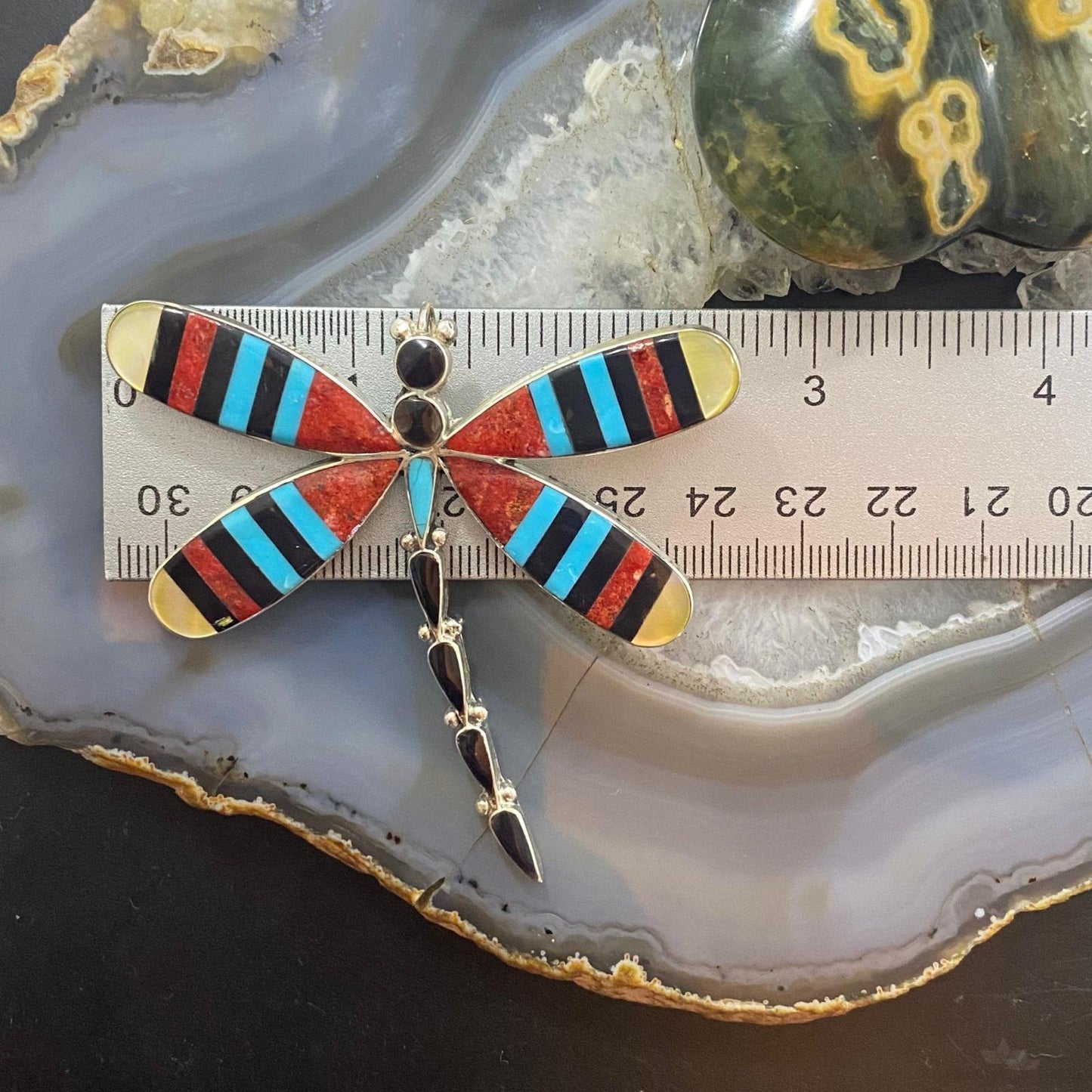 Angus Ahiyite Native American Zuni Sterling Silver Multi Stone Inlay Dragonfly Brooch/Pendant #2