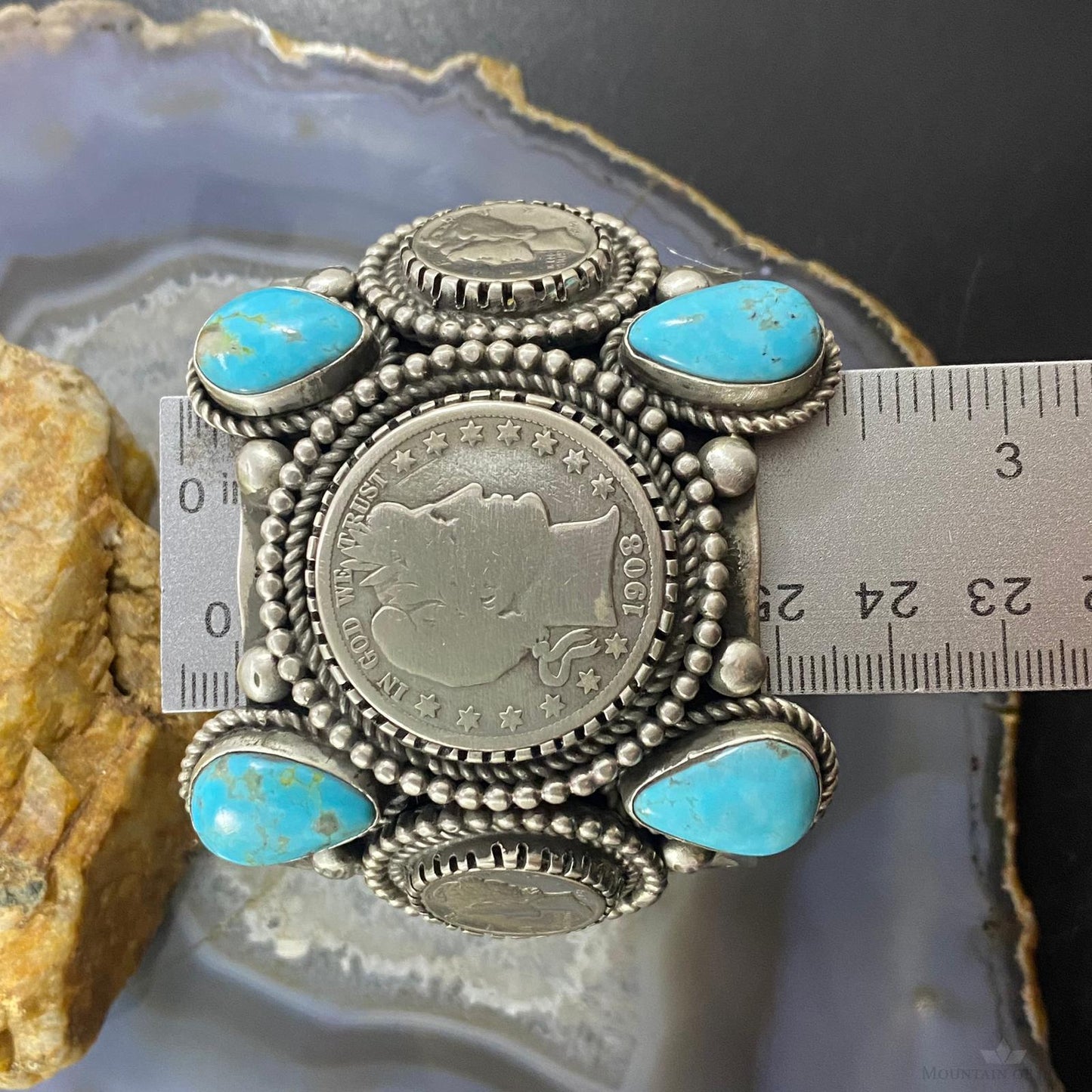 Alex Sanchez Native American Sterling Silver Barber Half Dollar/Mercury Dimes 4 Blue Turquoise Bracelet