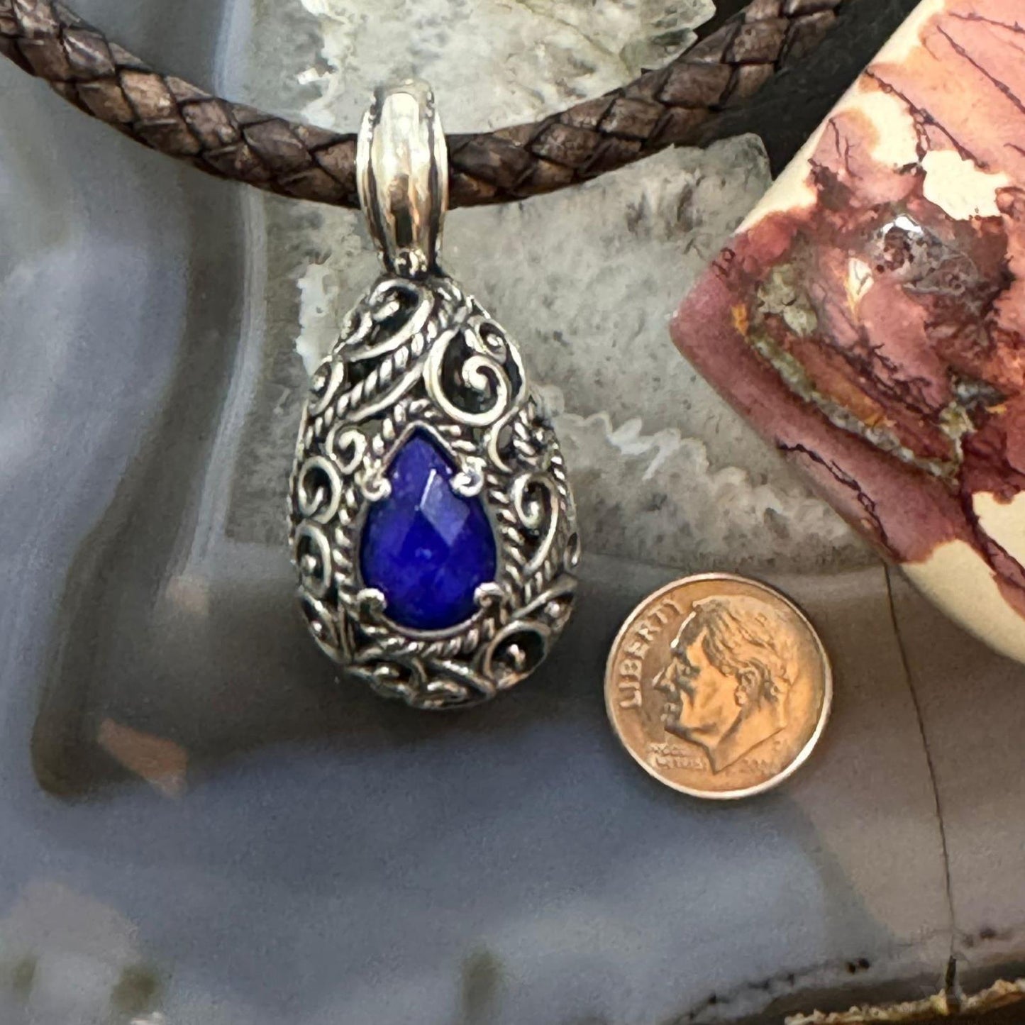 Carolyn Pollack Sterling Silver Teardrop Lapis Doublet Filigree Enhancer Pendant For Women