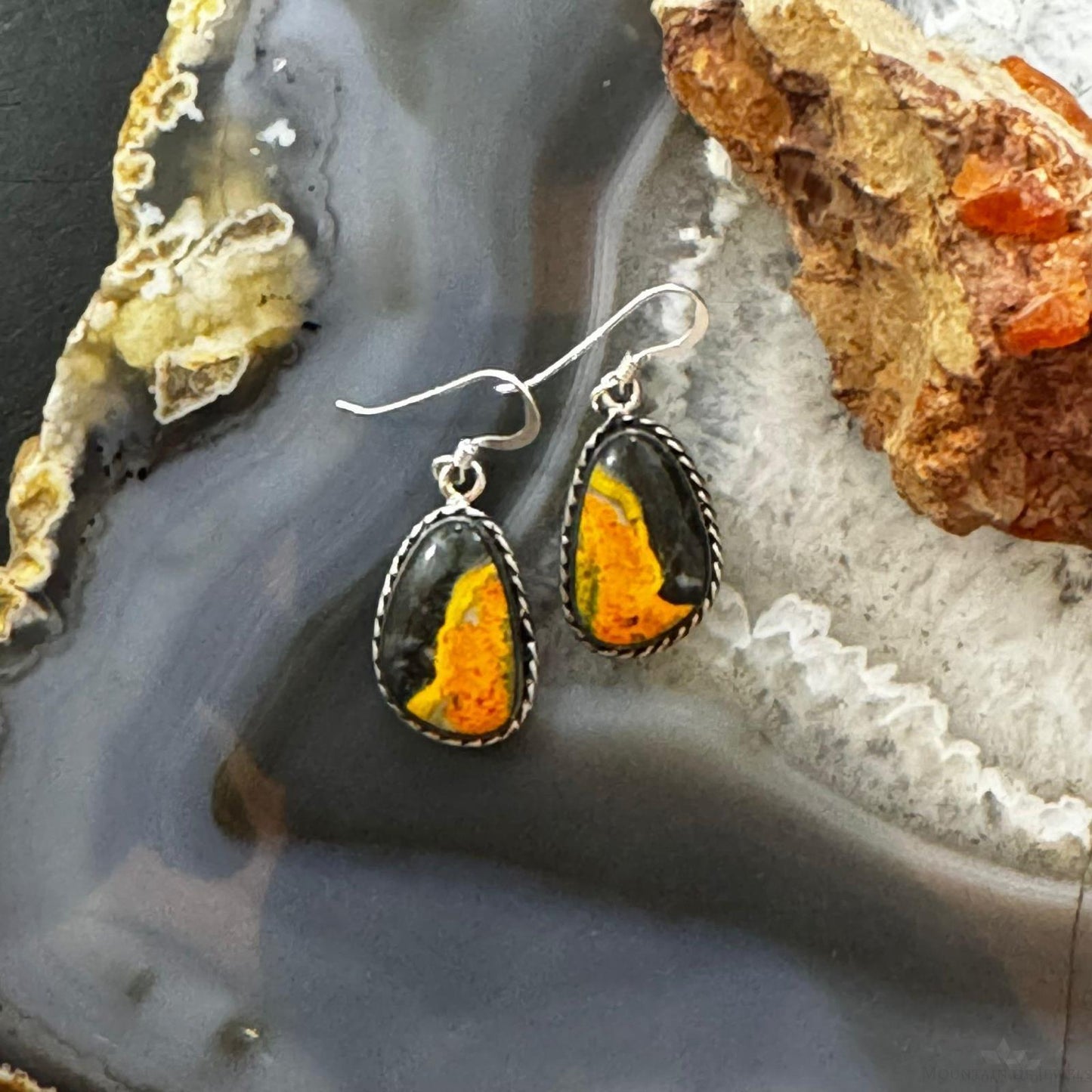 Native American Sterling Silver  Teardrop Bumblebee Jasper Dangle Earrings For Women #1