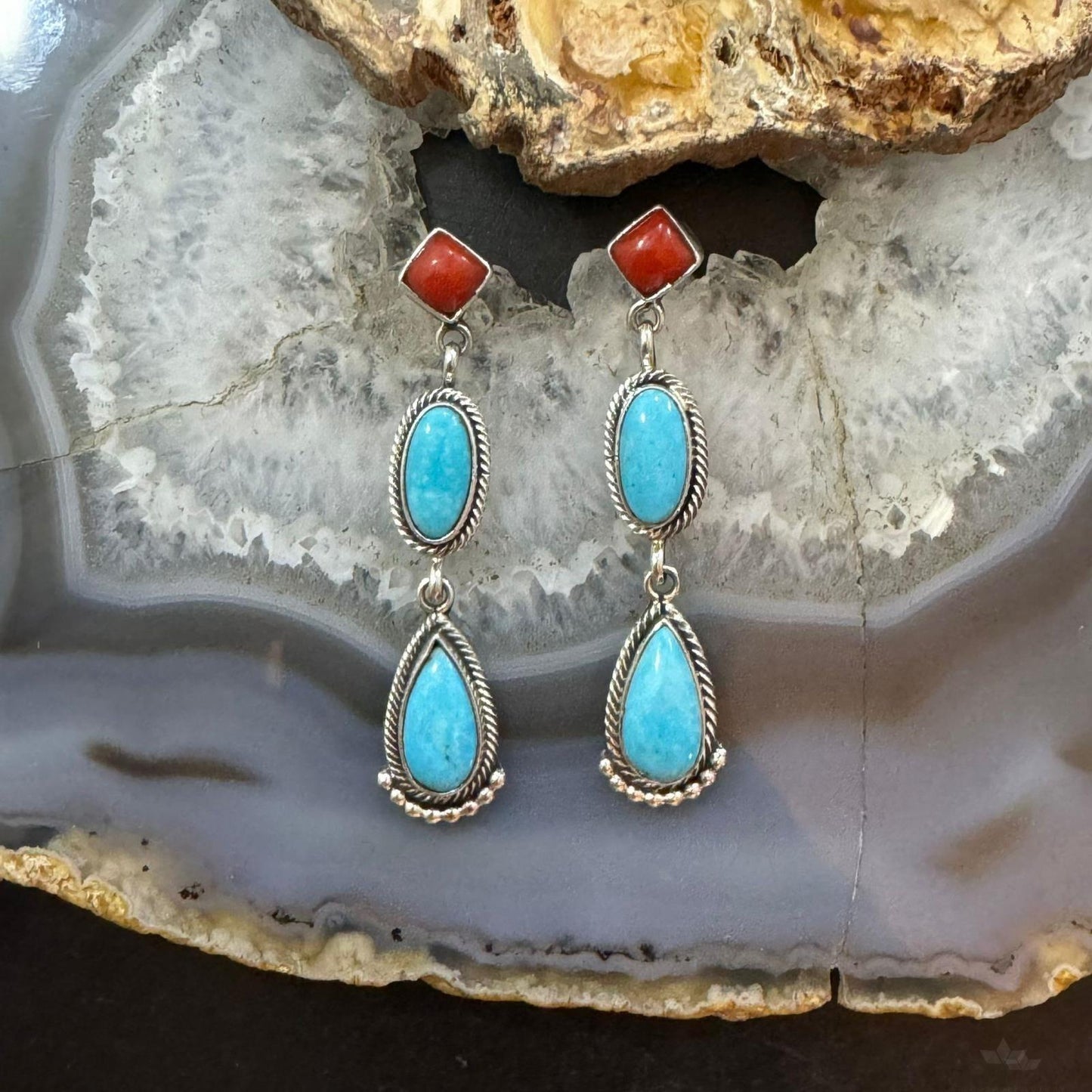 Verley Betone Sterling Silver Coral & 2 Turquoise Decorated Dangle Earrings For Women