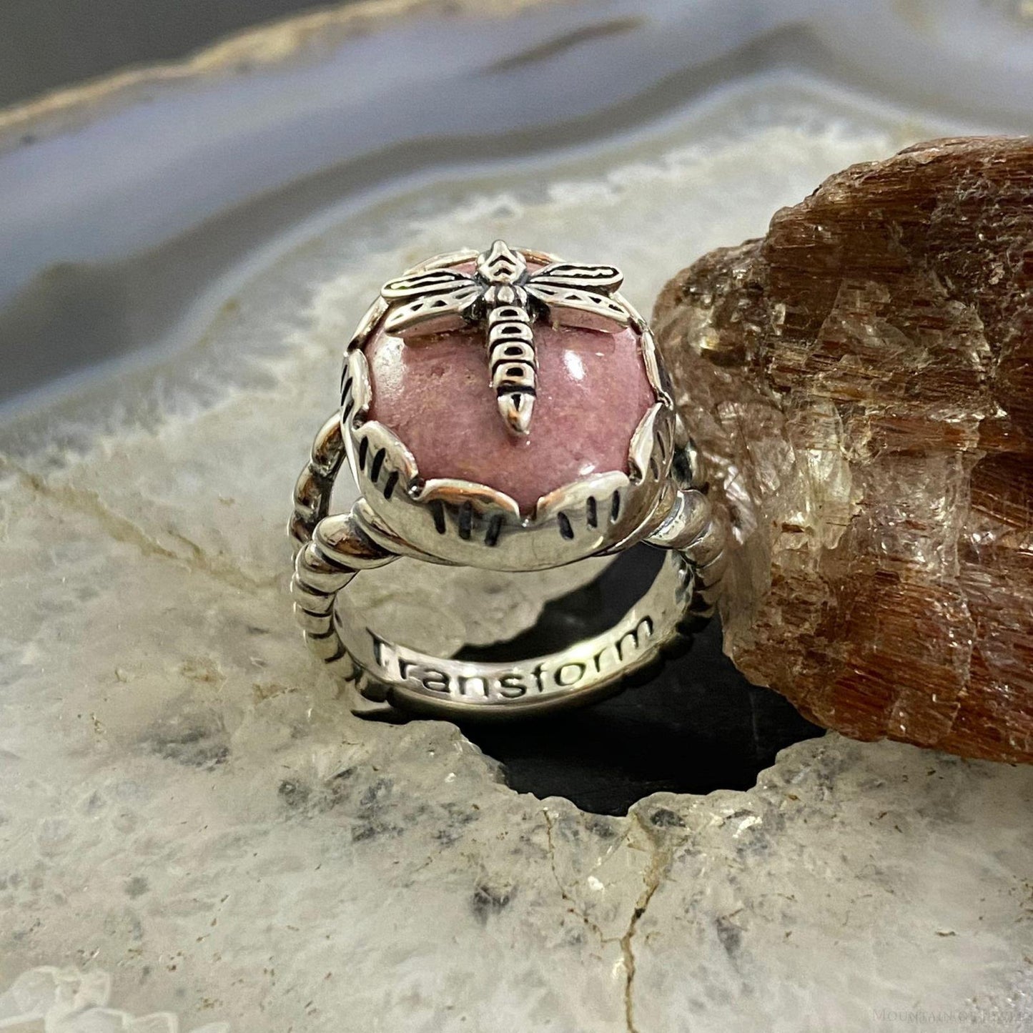 Carolyn Pollack Southwestern Style Sterling Silver Oval Pink Rhodonite Decorated Dragonfly Ring Size 9 For Women