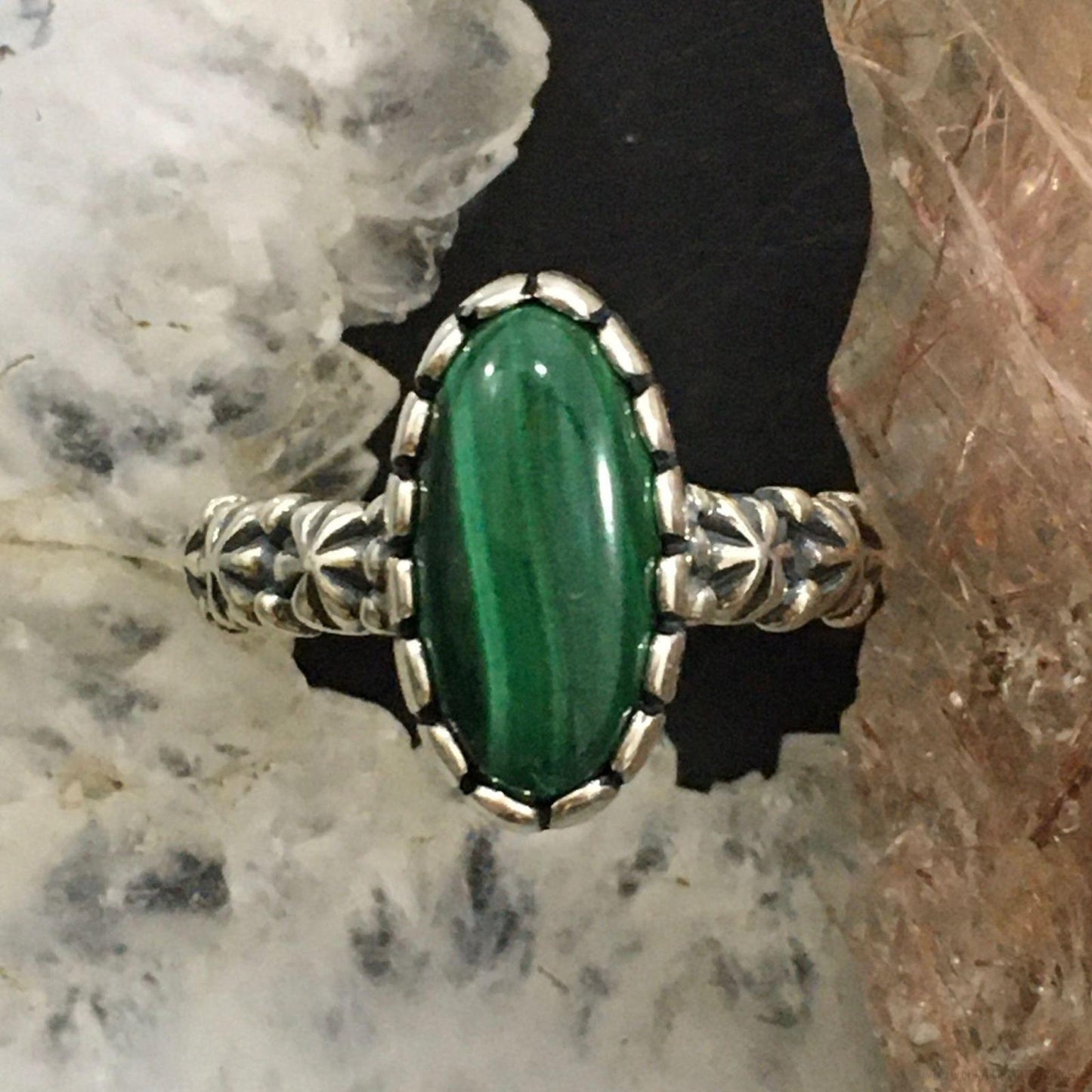 Carolyn Pollack Sterling Silver Elongated Oval Malachite Decorated Ring Size  8 For Women