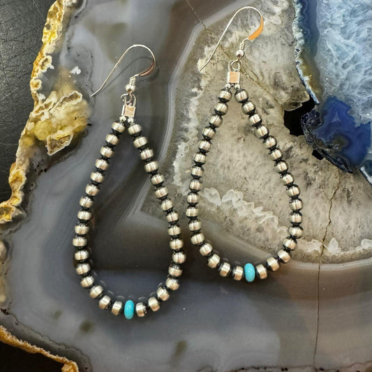 Navajo Pearl Beads 3mm & Turquoise Bead 5 mm Sterling Silver Dangle Earrings For Women