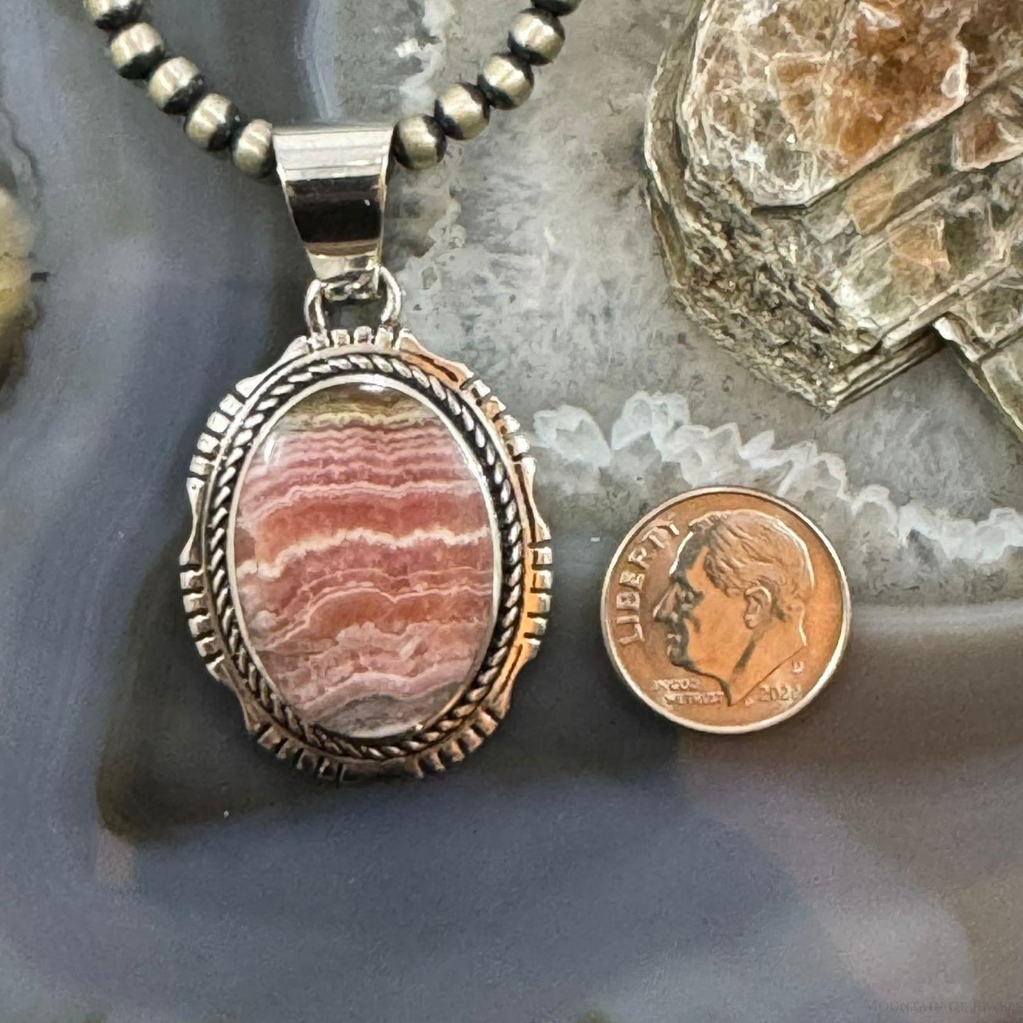 Native American Sterling Silver Oval Rhodochrosite Decorated Pendant For Women