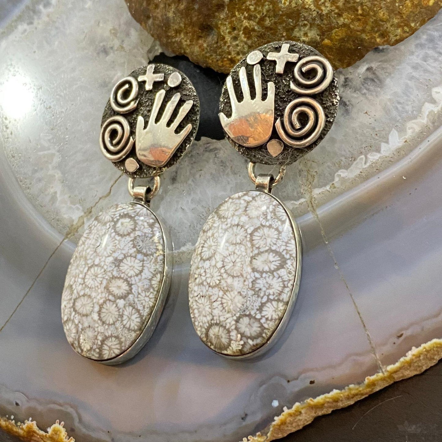 Alex Sanchez Native American Sterling Silver Oval Fossilized Coral Petroglyph Dangle Earrings For Women