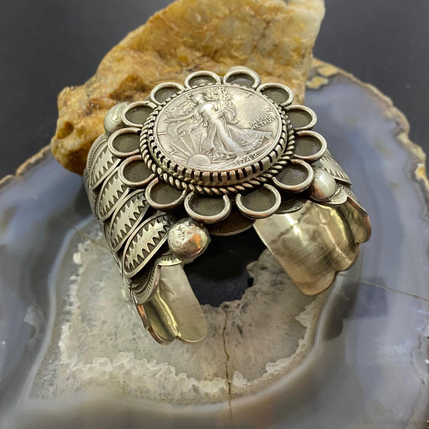 Alex Sanchez Native American Sterling Silver Walking Liberty Half Dollar Stamped Flower Bracelet