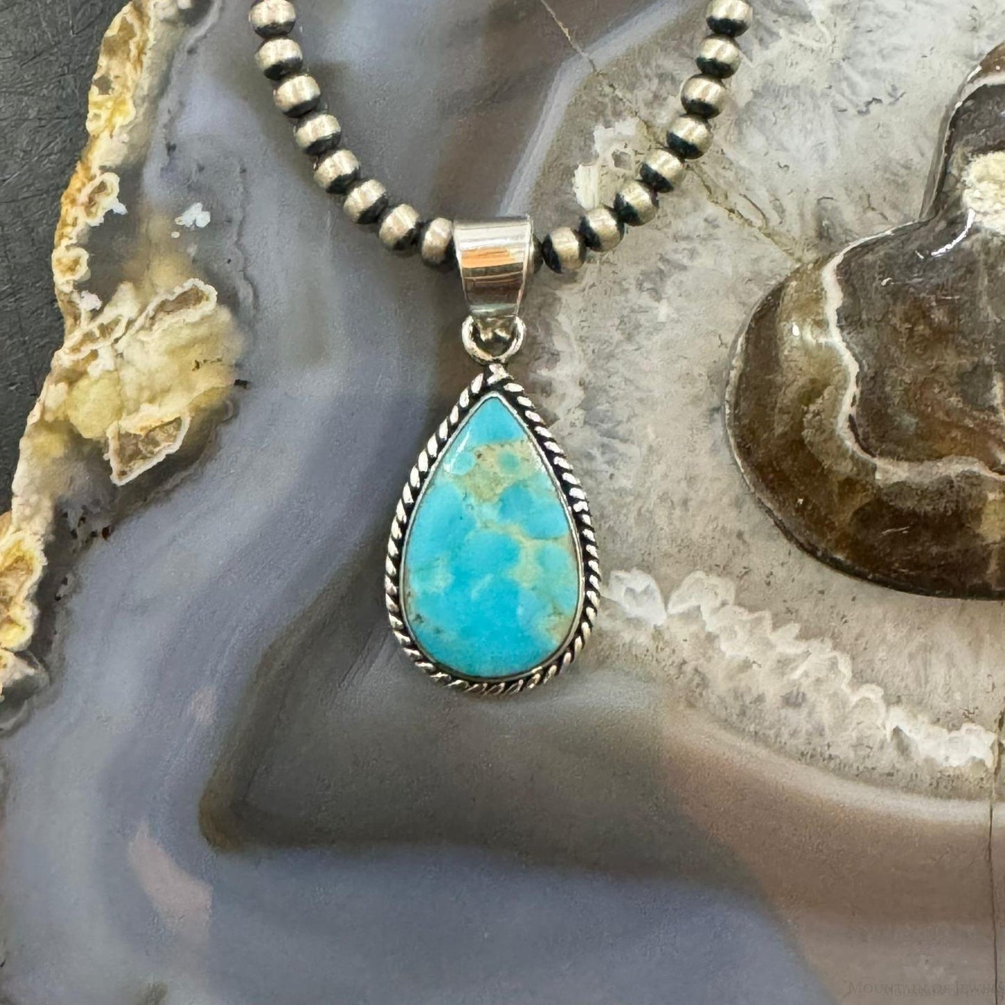 Native American Sterling Silver Teardrop Kingman Turquoise Decorated Unisex Pendant