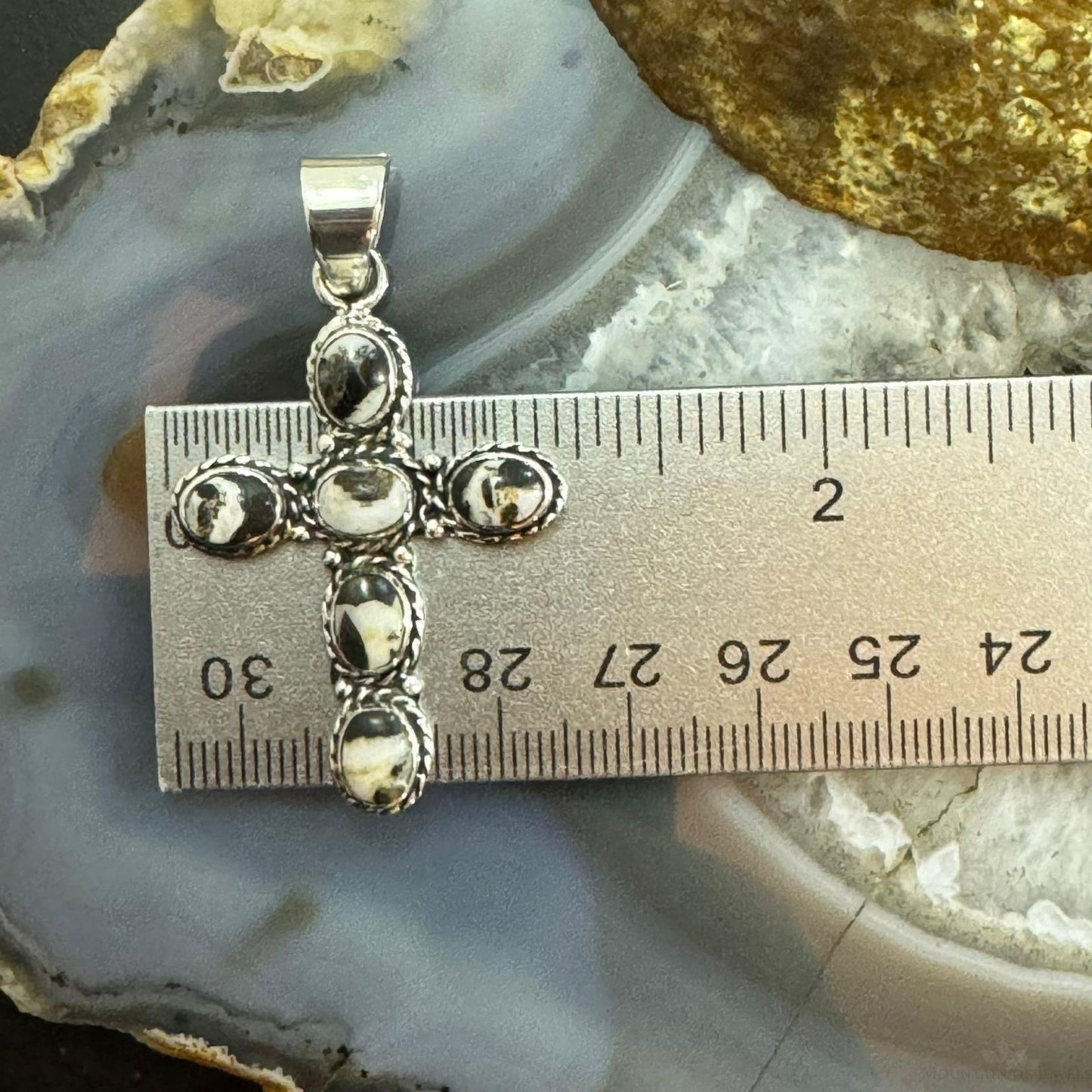 Native American Sterling Silver 6 Oval White Buffalo Decorated Unisex Cross Pendant