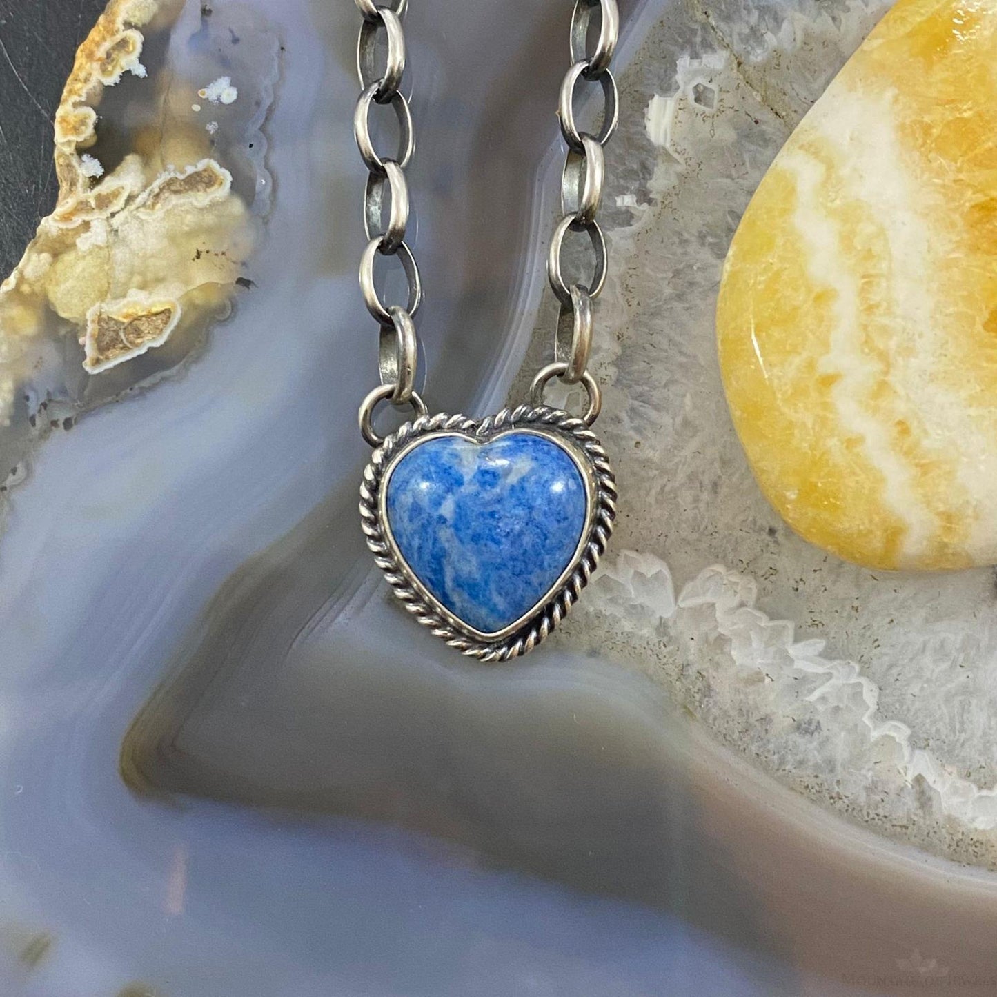 Native American Sterling Silver Denim Lapis Heart Pendant with 18" Chain