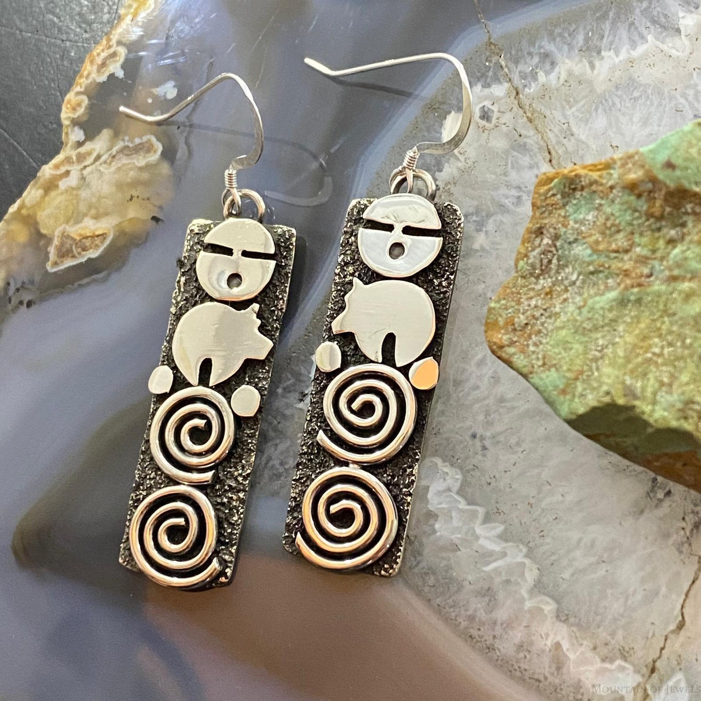 Alex Sanchez Native American Sterling Silver Rectangle Petroglyph Dangle Earrings For Women #7