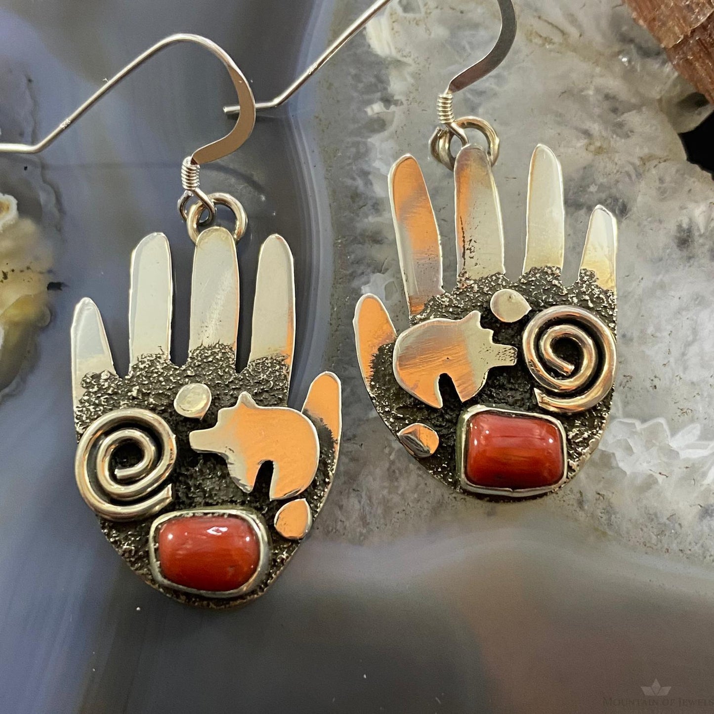 Alex Sanchez Native American Sterling Silver Ancestors Hand Petroglyph W/Coral Dangle Earrings For Women #4