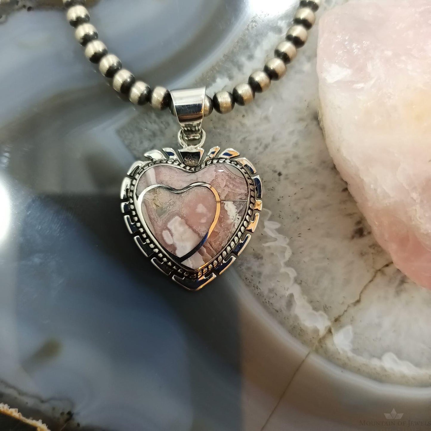 Native American Sterling Silver Rhodochrosite Double Heart Pendant For Women