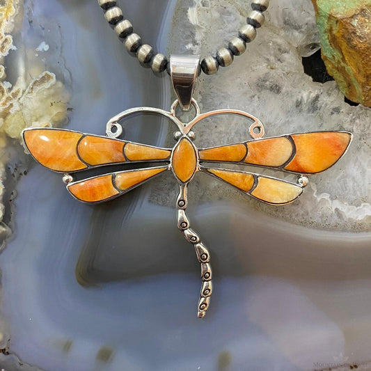 Native American Sterling Silver Orange Spiny Oyster Inlay Large Unisex Dragonfly Pendant
