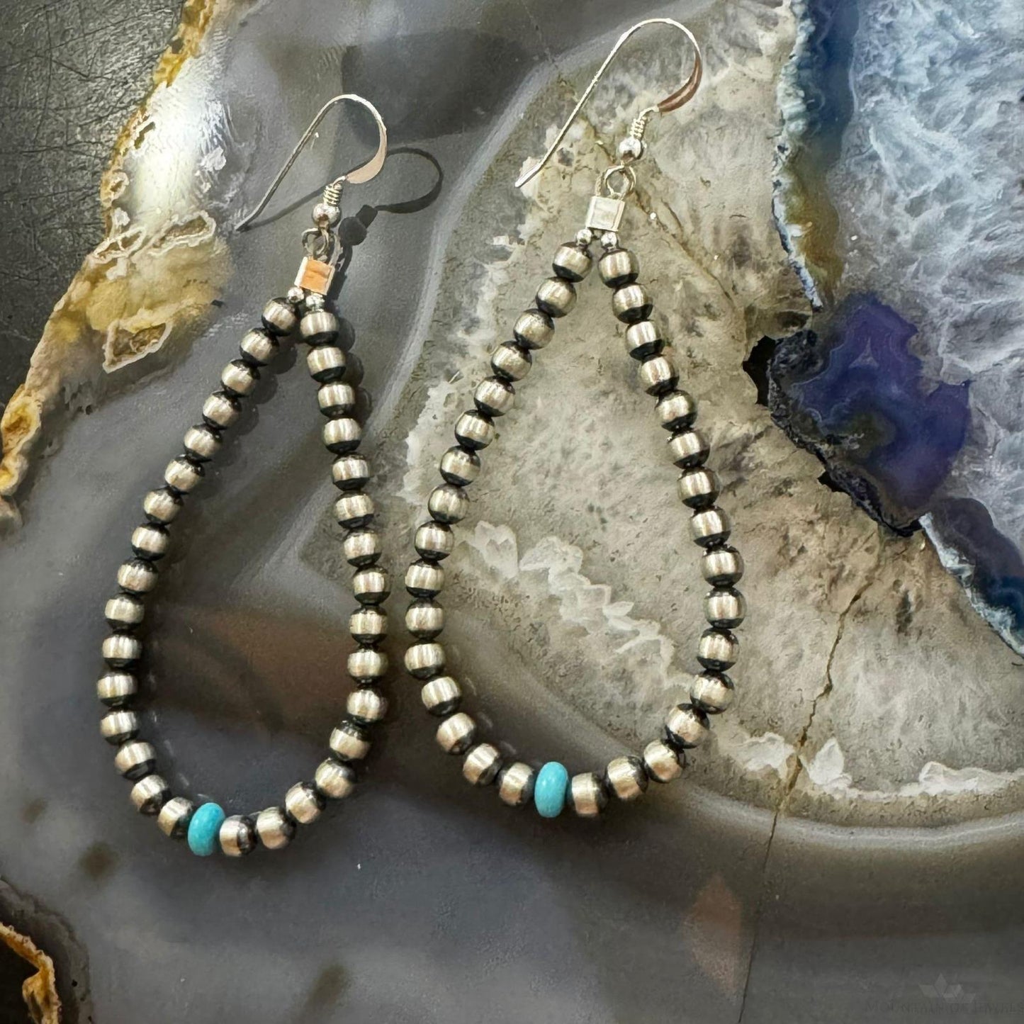 Navajo Pearl Beads 3mm & Turquoise Bead 5 mm Sterling Silver Dangle Earrings For Women