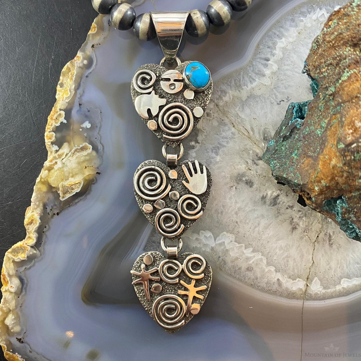 Alex Sanchez Native American Sterling Silver Triple Petroglyph Heart w/Turquoise Pendant For Women #1