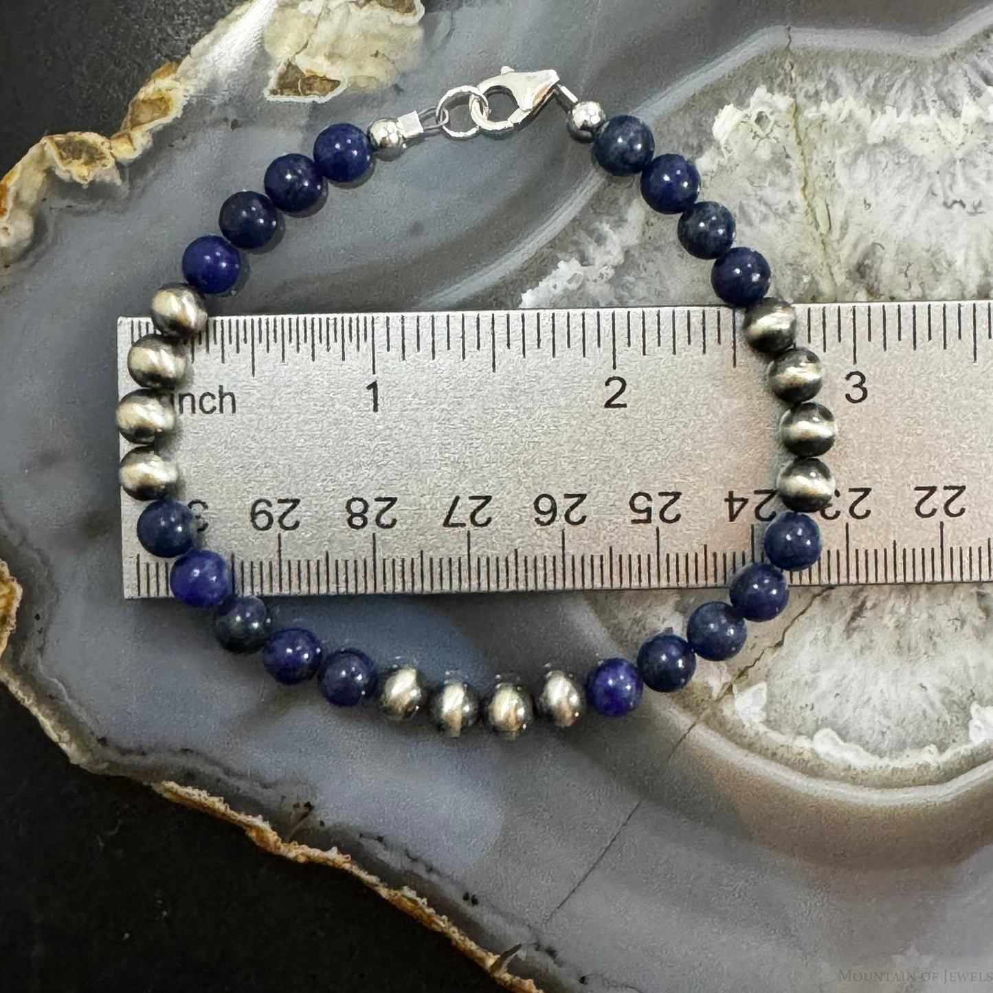 Native American Sterling Silver 5 mm Navajo Pearl & Lapis Bead Link Bracelet For Women