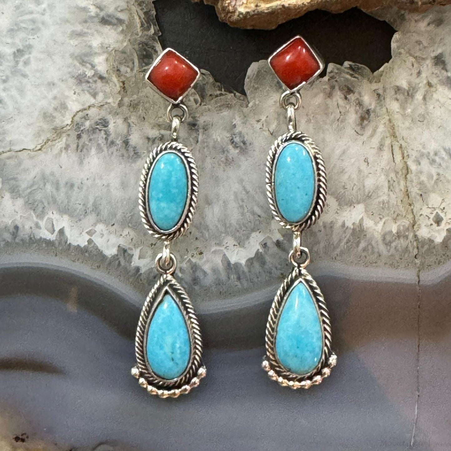 Verley Betone Sterling Silver Coral & 2 Turquoise Decorated Dangle Earrings For Women