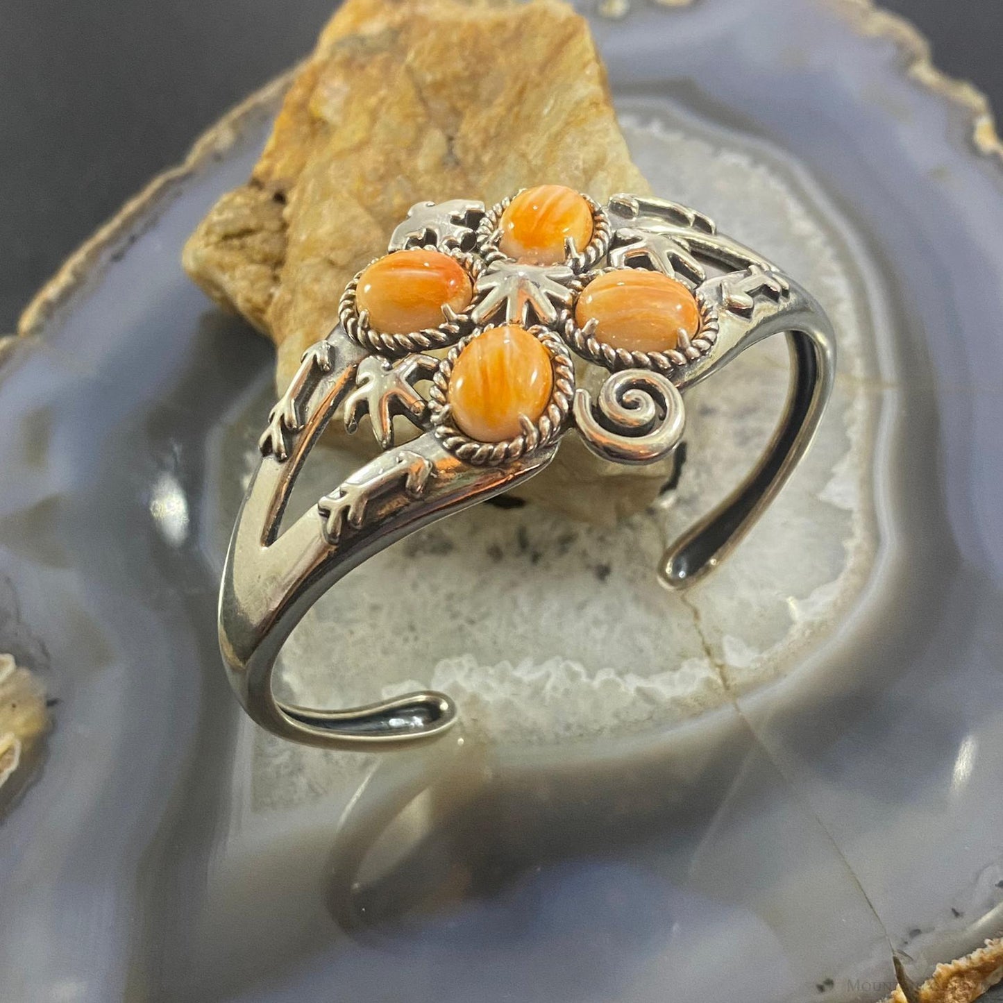 Carolyn Pollack Southwestern Style Sterling Silver 4 Oval Orange Spiny Oyster Bracelet For Women
