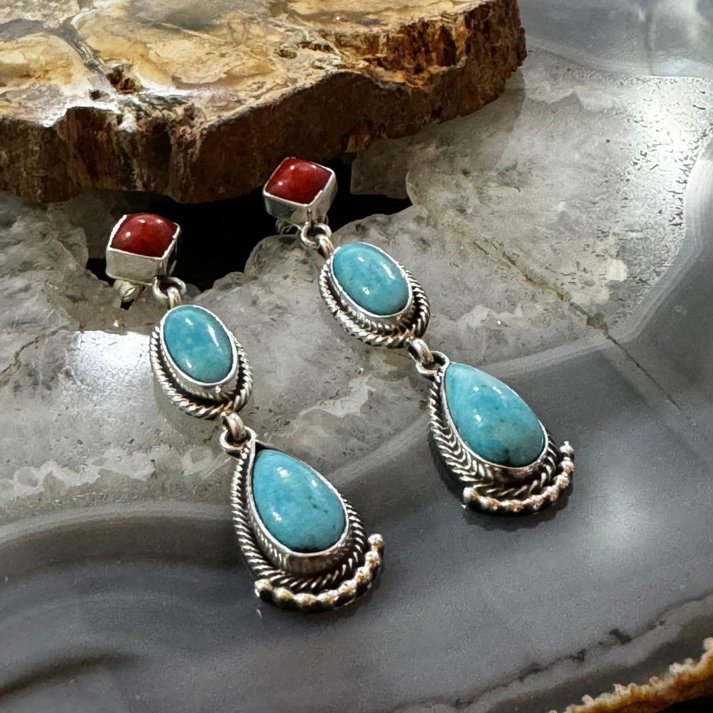 Verley Betone Sterling Silver Coral & 2 Turquoise Decorated Dangle Earrings For Women