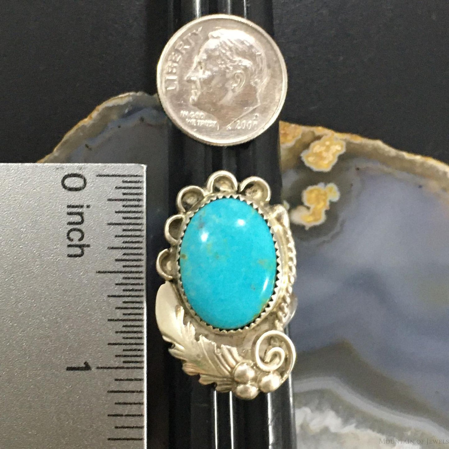 Silver Ray Native American Sterling Silver Turquoise Decorated Ring Size 6.75 For Women