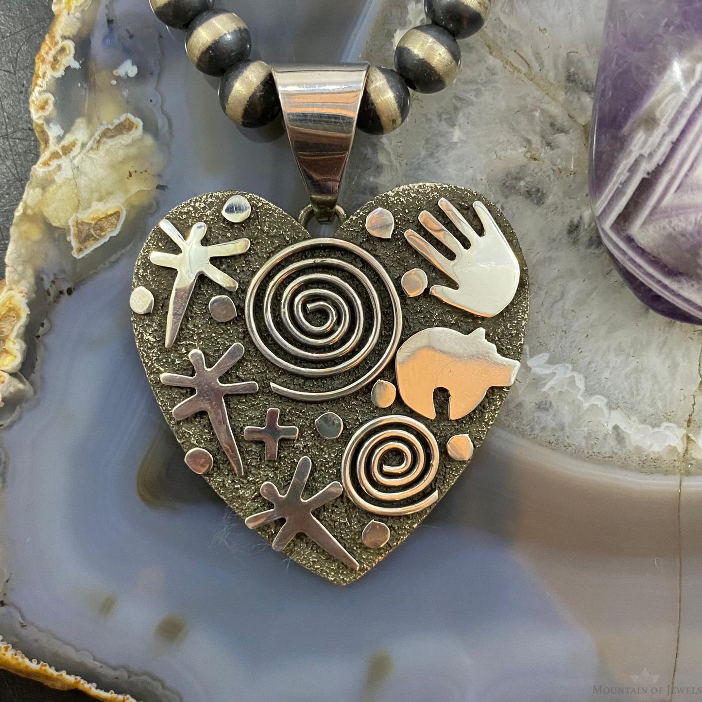 Alex Sanchez Native American Sterling Silver Large Petroglyph Heart Pendant #1