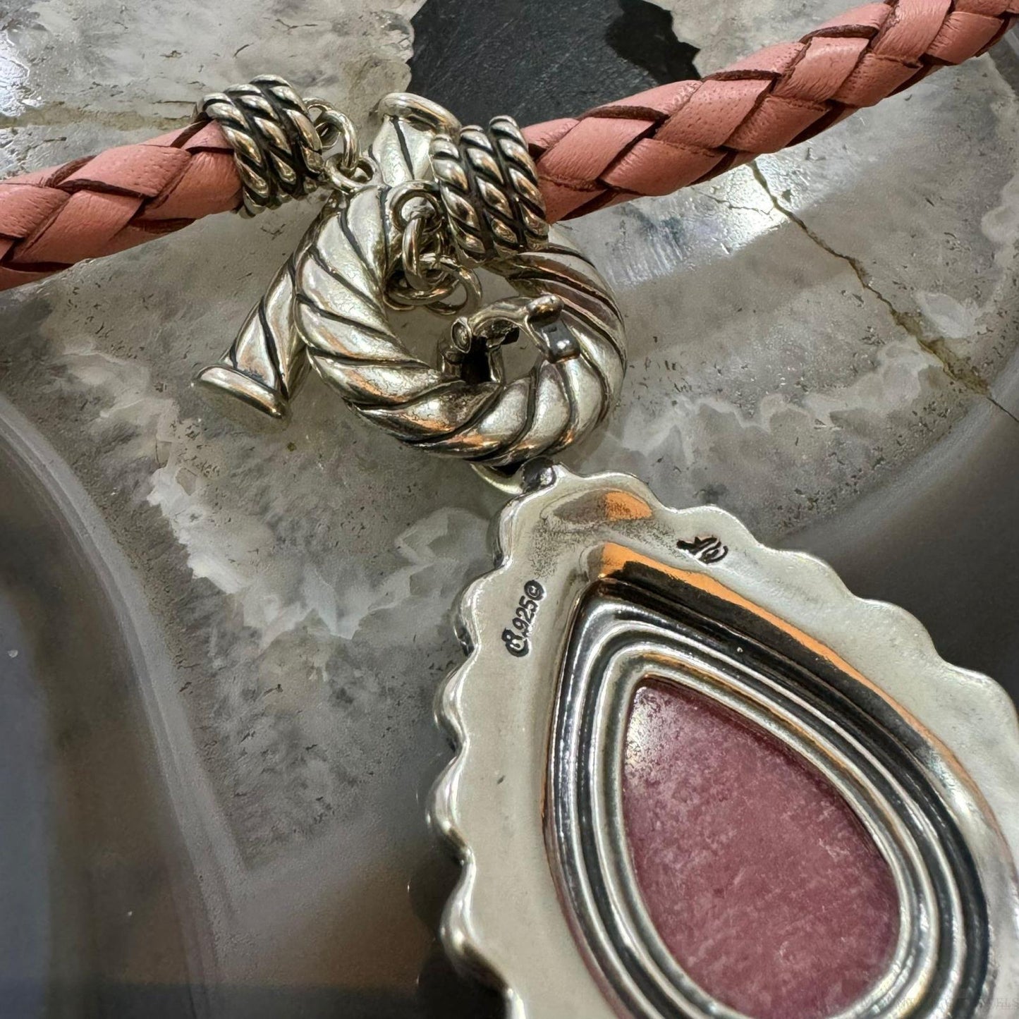 Carolyn Pollack Sterling Pear Rhodochosite Decorated Enhancer Pendant & Cord Set