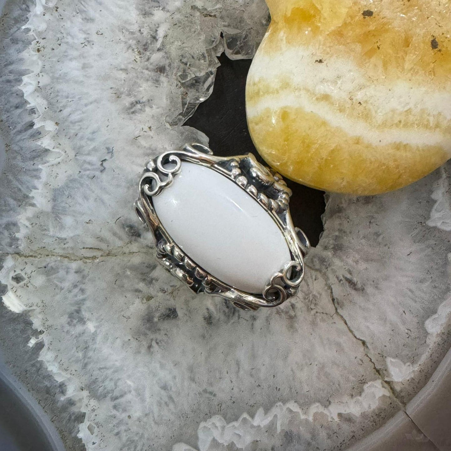 Carolyn Pollack Sterling Silver Elongated Oval White Jasper Decorated Ring For Women