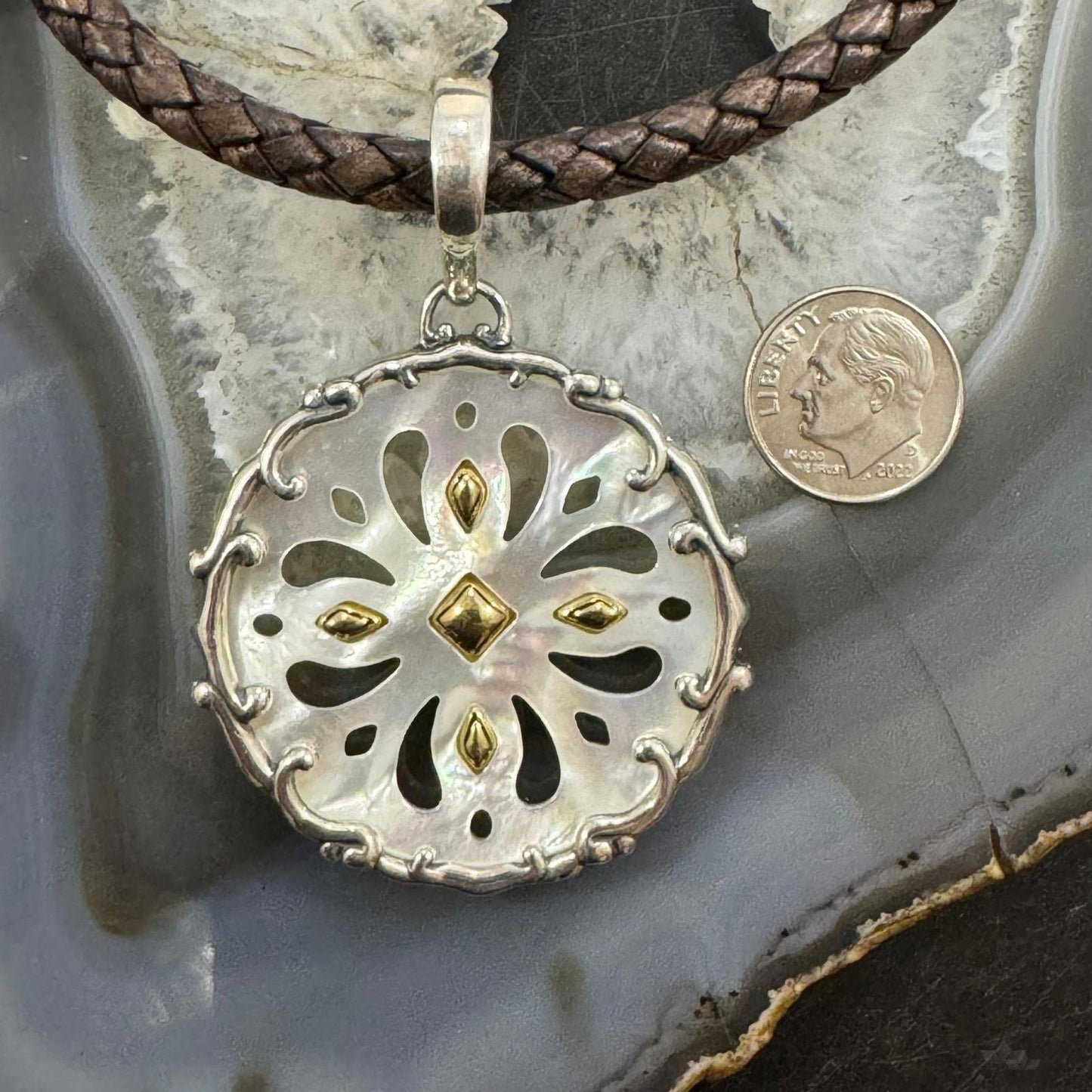 Carolyn Pollack Sterling Silver & Brass Mother of Pearl Floral Cutout Enhancer Pendant For Women