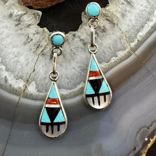 Delberta Boone Native American Sterling Silver Multi Gemstone Inlay Dangle Earrings For Women