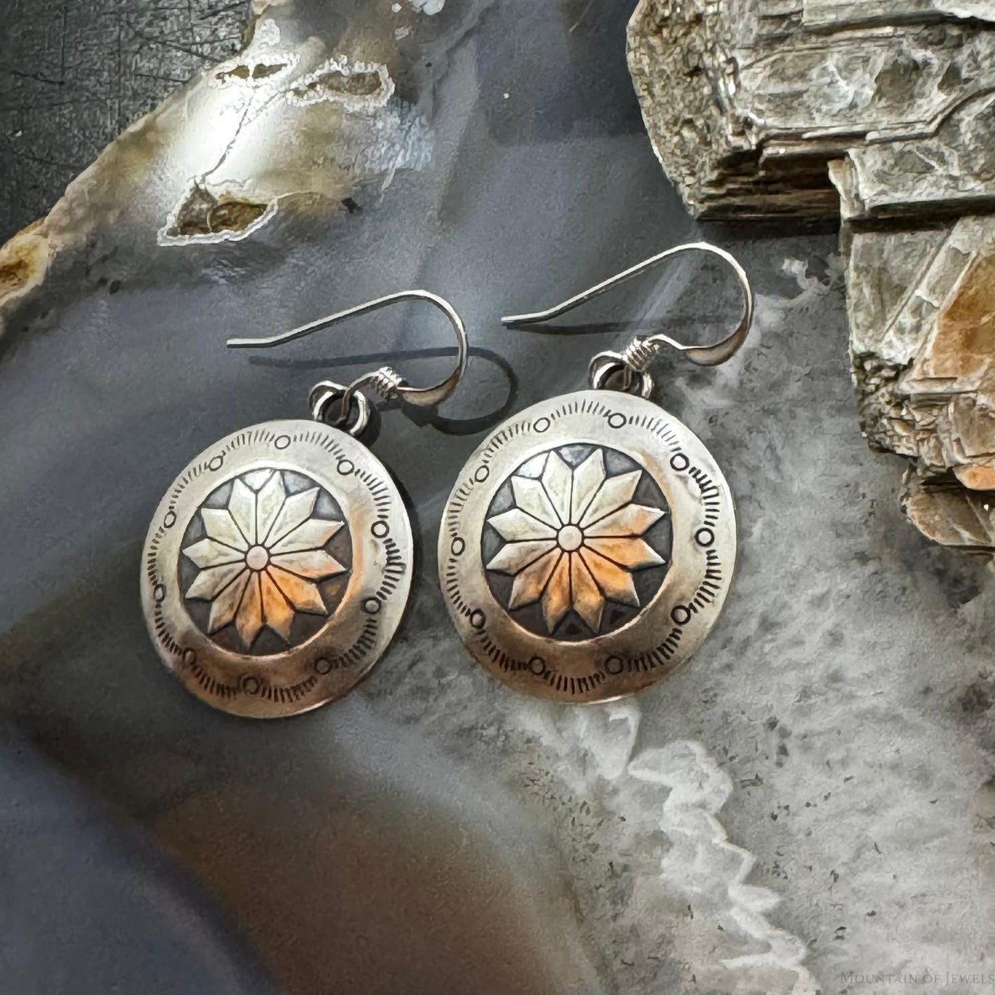 Native American Sterling Silver Stamped Flower Concho Dangle Earrings For Women