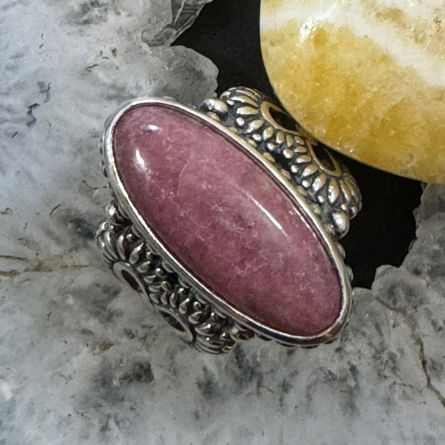 Carolyn Pollack Sterling Silver Elongated Oval Rhodochrosite Decorated Hearts Ring For Women