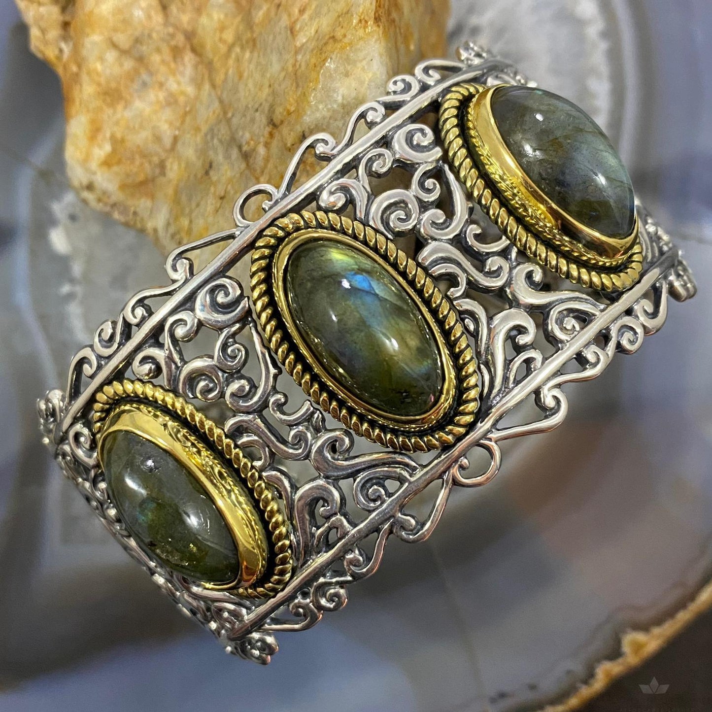 Carolyn Pollack Sterling Silver & Brass 3 Oval Labradorite Decorated Bracelet For Women