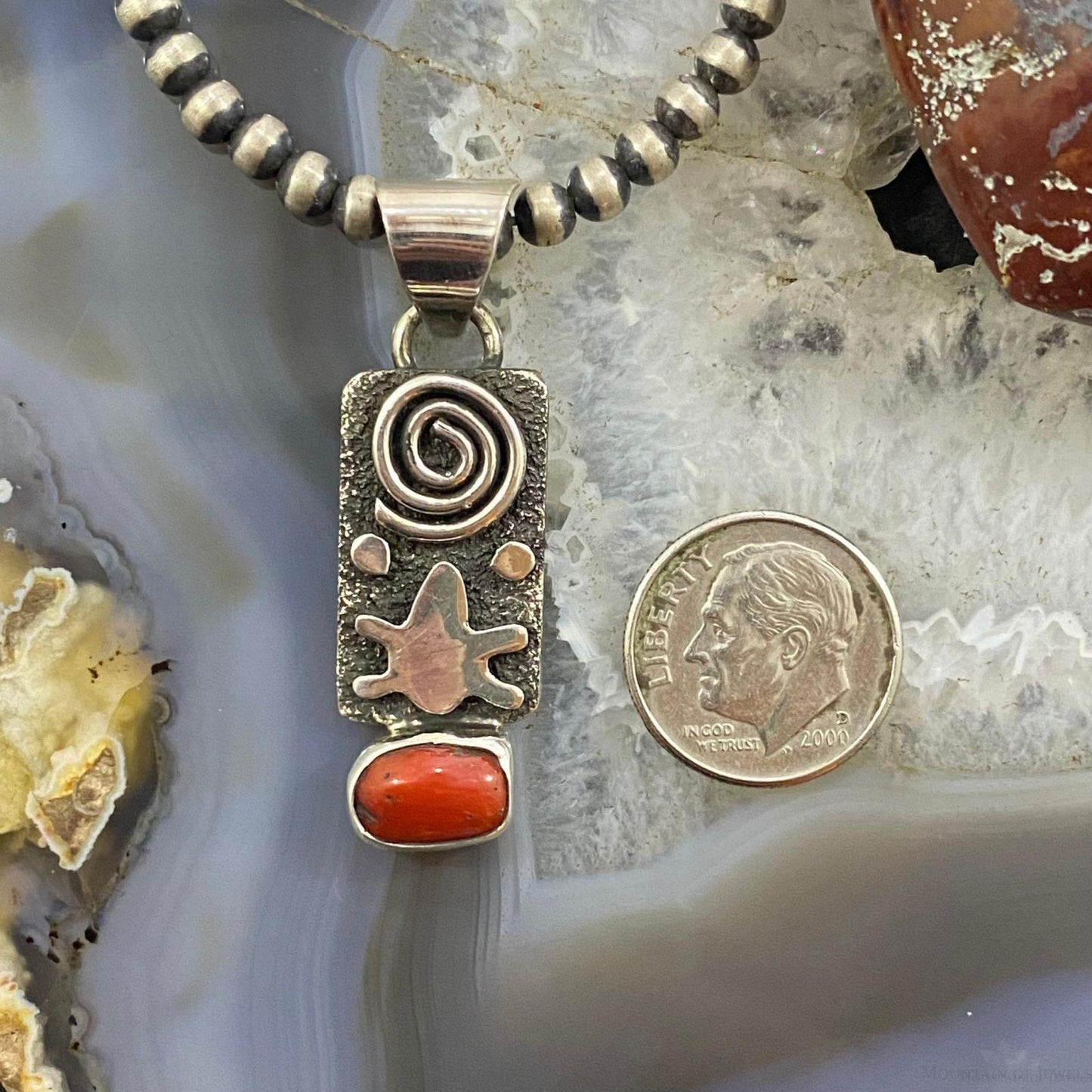 Alex Sanchez Native American Sterling Silver Petroglyph Coral Dainty Pendant For Women #2