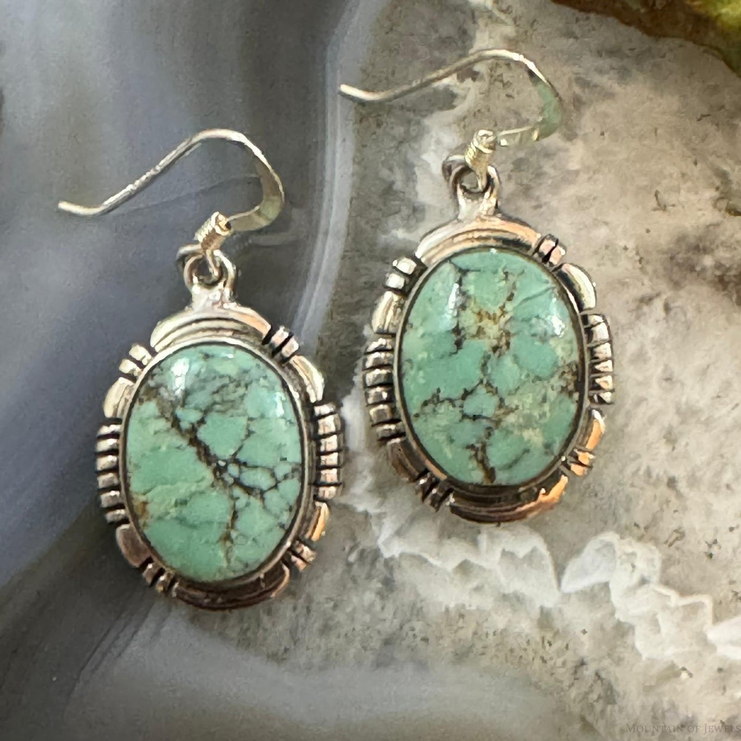 Native American Sterling Silver Oval Turquoise Decorated Dangle Earrings For Women