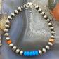 Navajo Pearl ,Turquoise & Spiny Oyster 6mm Beads Sterling Silver 8" Bangle