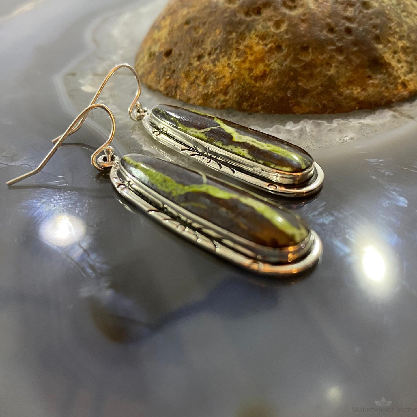 Native American Sterling Silver Long Oval Gaspeite Dangle Earrings For Women