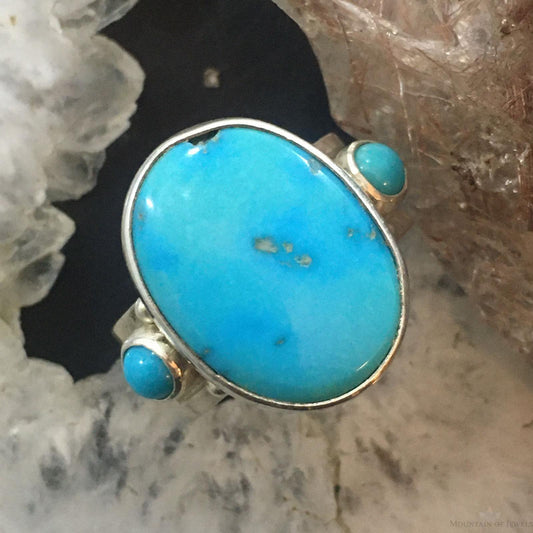 Vintage Native American Sterling Silver 3 Turquoise Ring Size 8 For Women