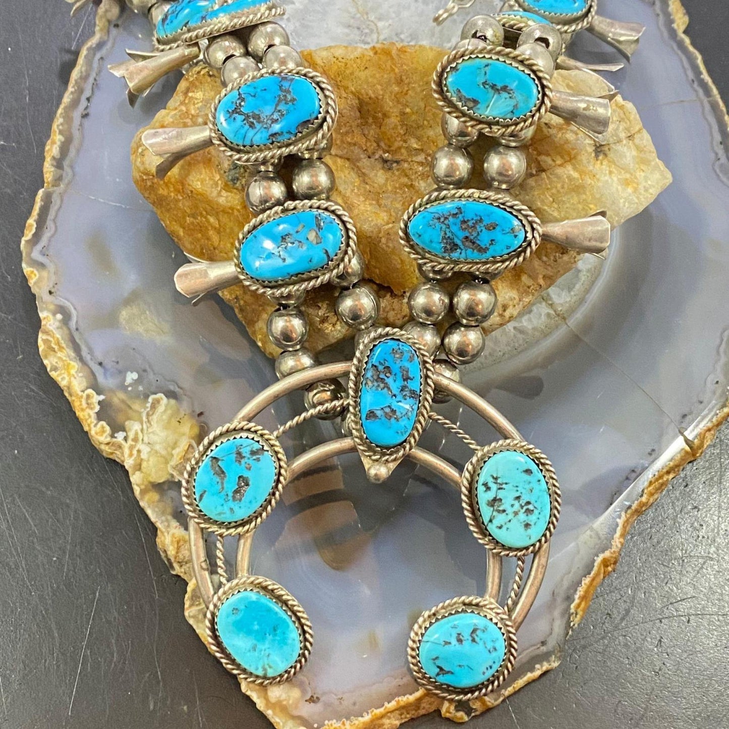 Vintage Native American Silver Oval Kingman Turquoise Squash Blossom Necklace