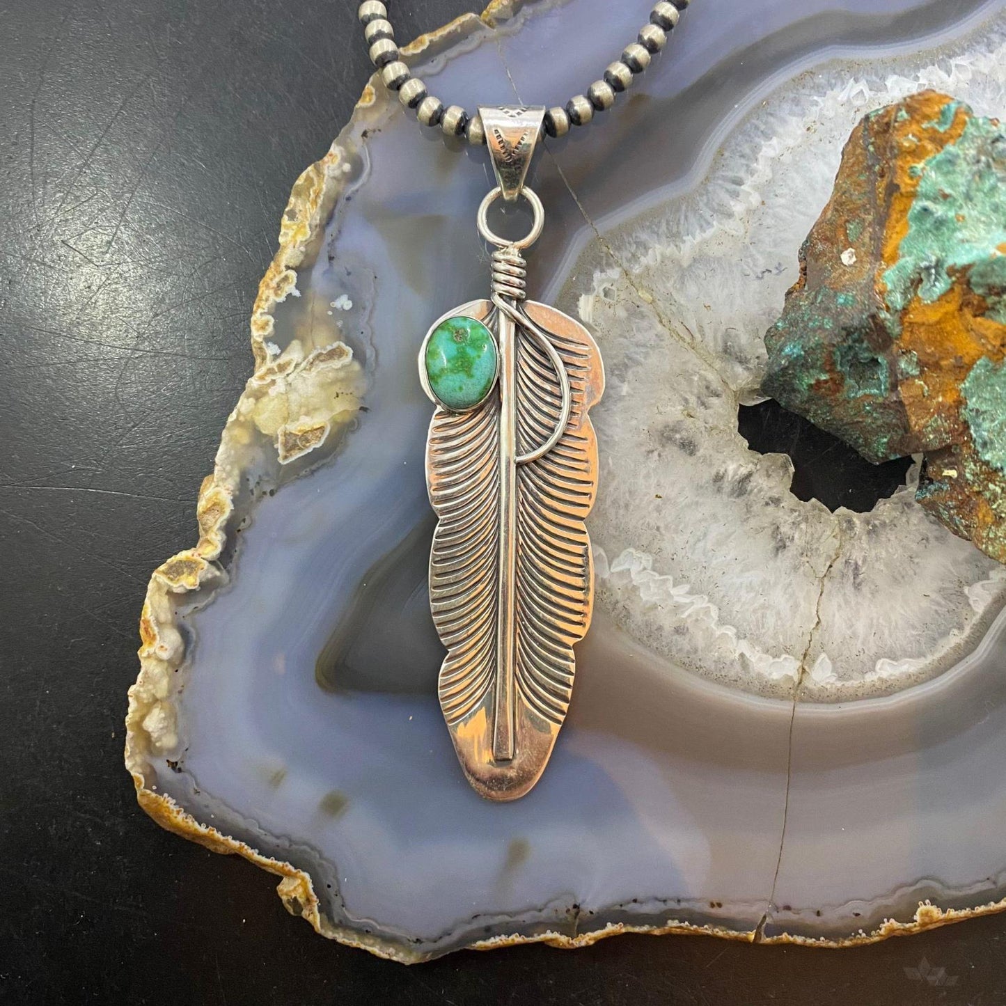 Native American Sterling Silver Oval Sonoran Gold Turquoise Feather Unisex Pendant