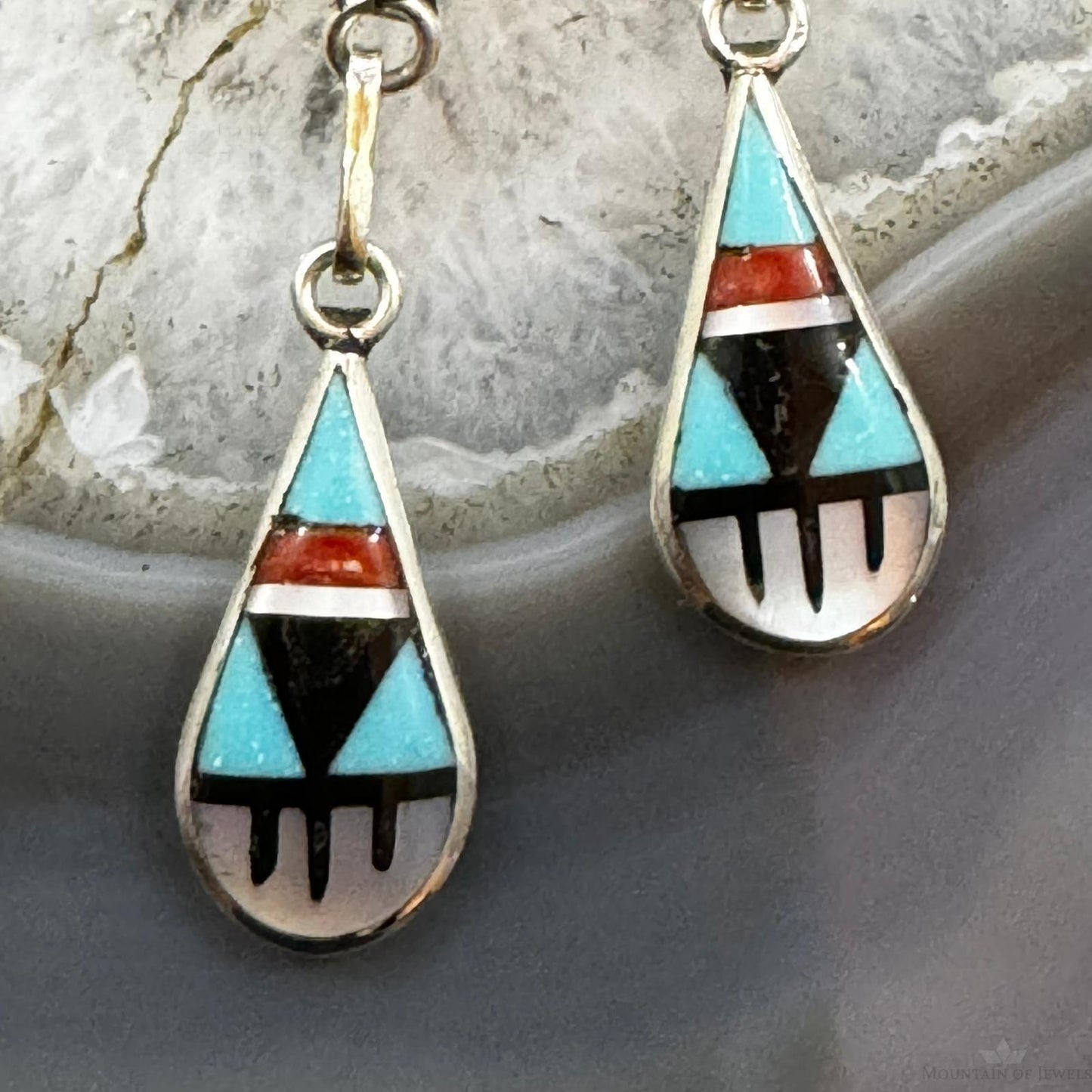 Delberta Boone Native American Sterling Silver Multi Gemstone Inlay Dangle Earrings For Women