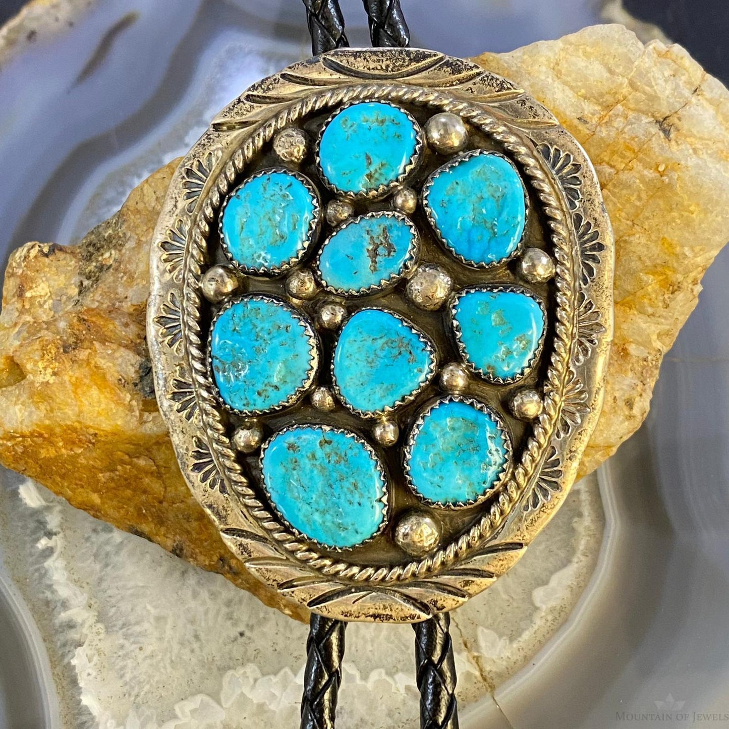 Vintage Signed Native American Sterling Silver Kingman Turquoise Cluster Bolo Tie