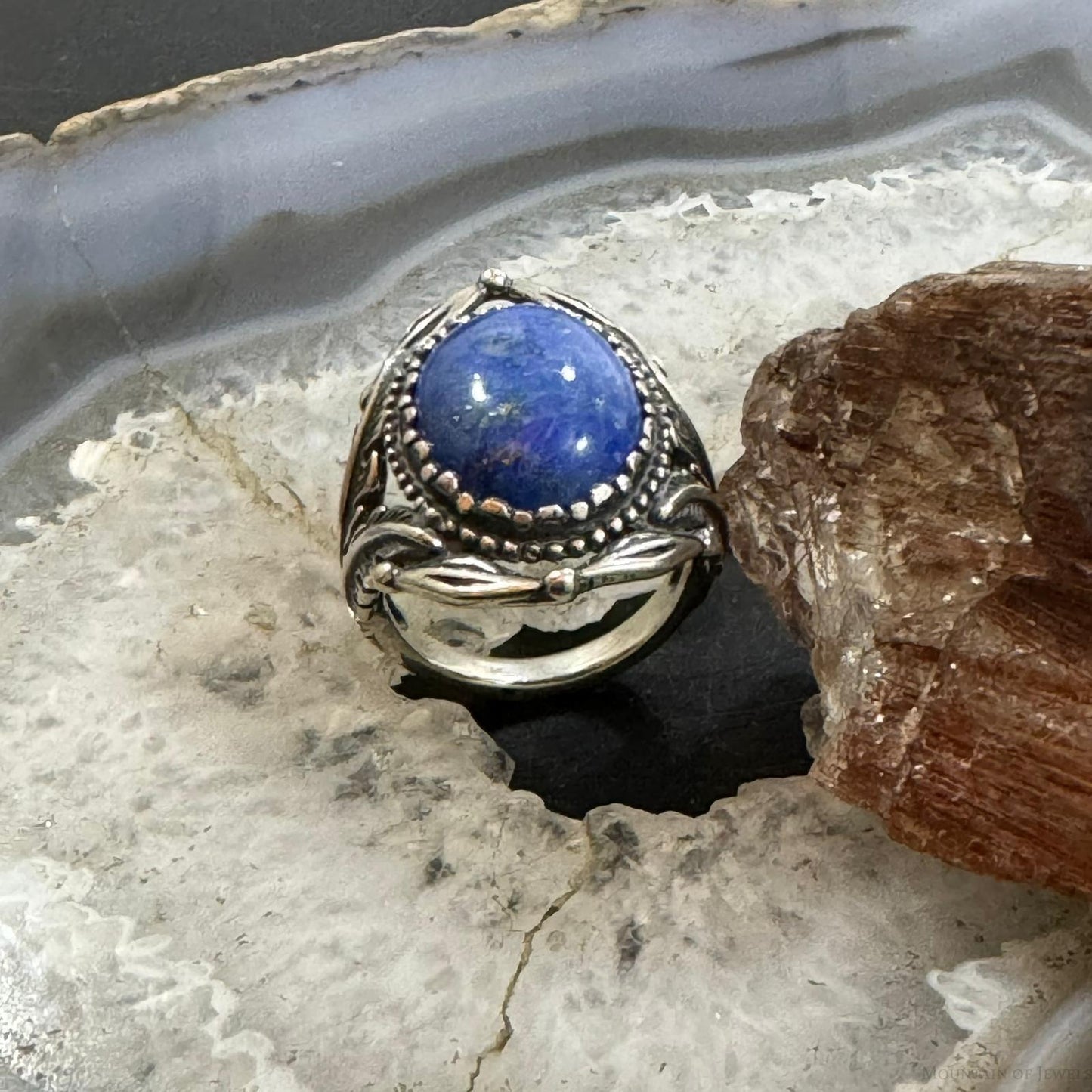 Carolyn Pollack Sterling Silver Large Oval Denim Lapis Decorated Ring For Women