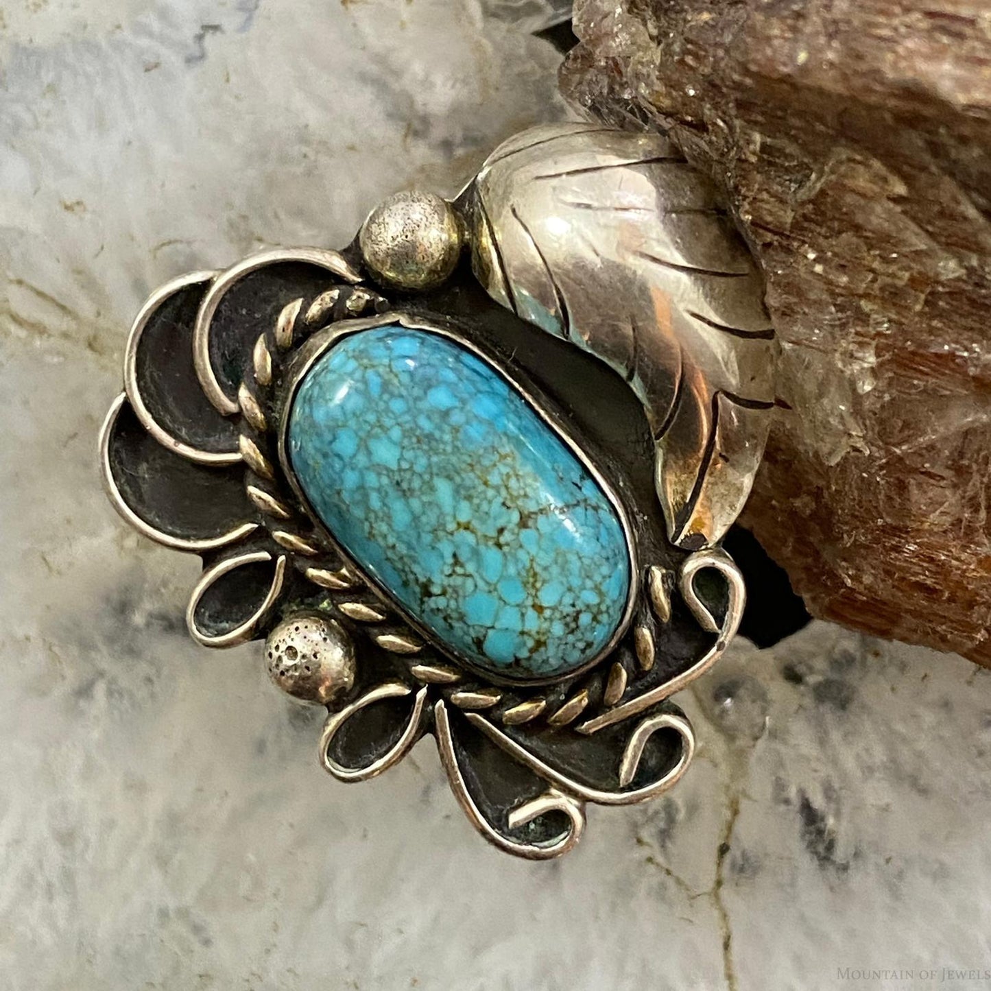 Vintage Native American Silver Oval Turquoise Decorated Ring Size 7 For Women