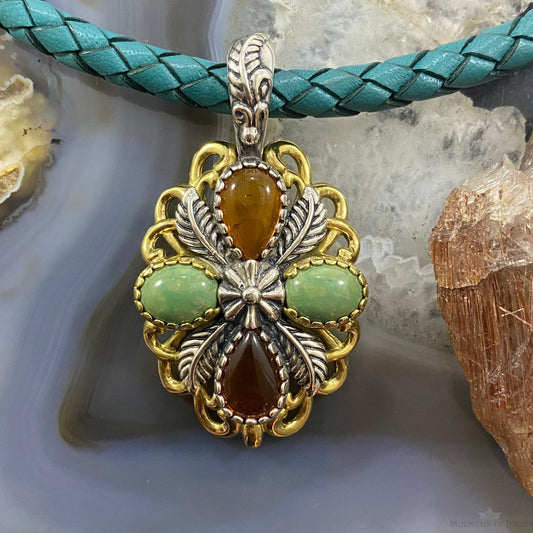 Carolyn Pollack Southwestern Style Sterling Silver & Brass Amber & Green Turquoise Pendant For Women