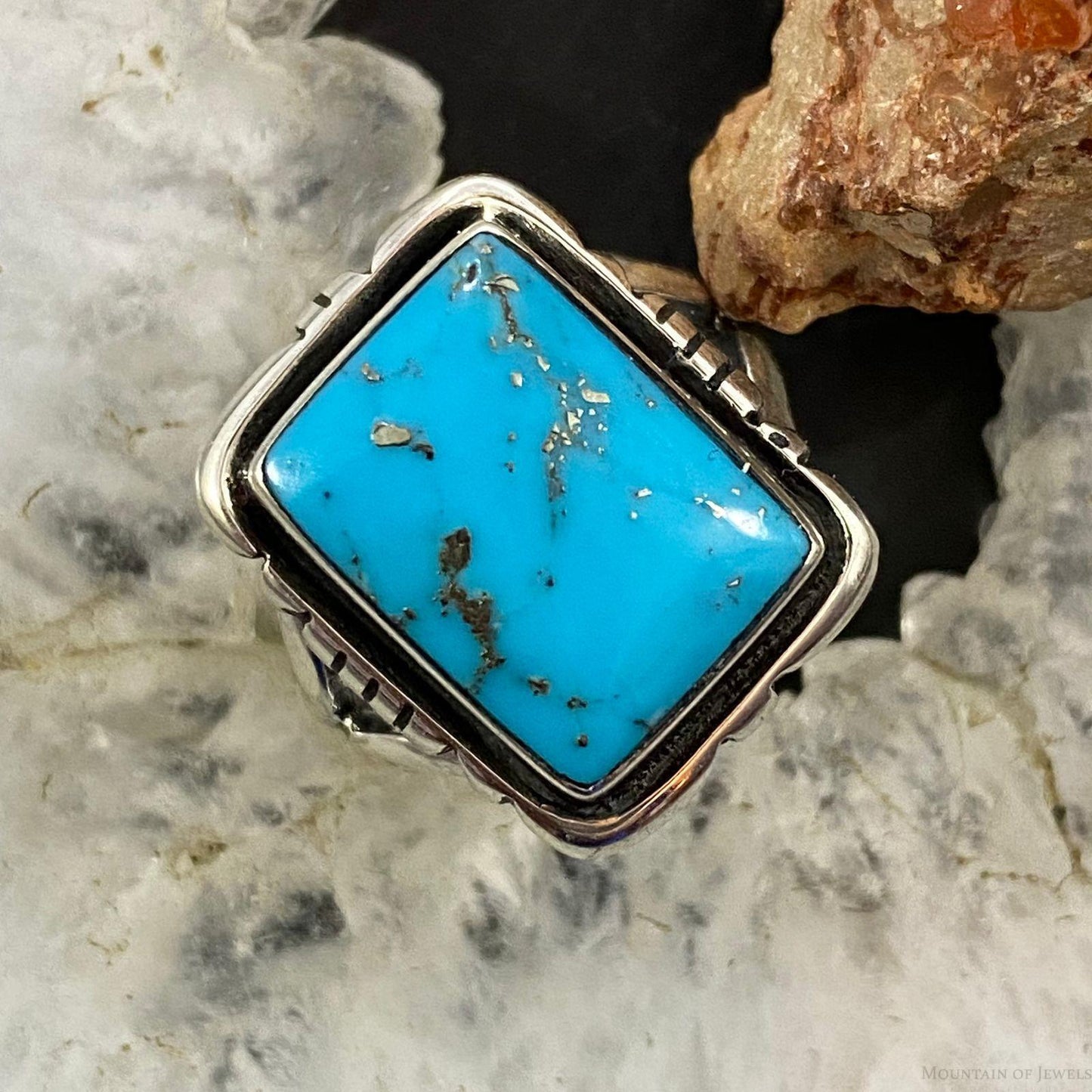 Native American Sterling Silver Rectangle Blue Ridge Turquoise Mini Bar Ring Size 6.5 For Women #2